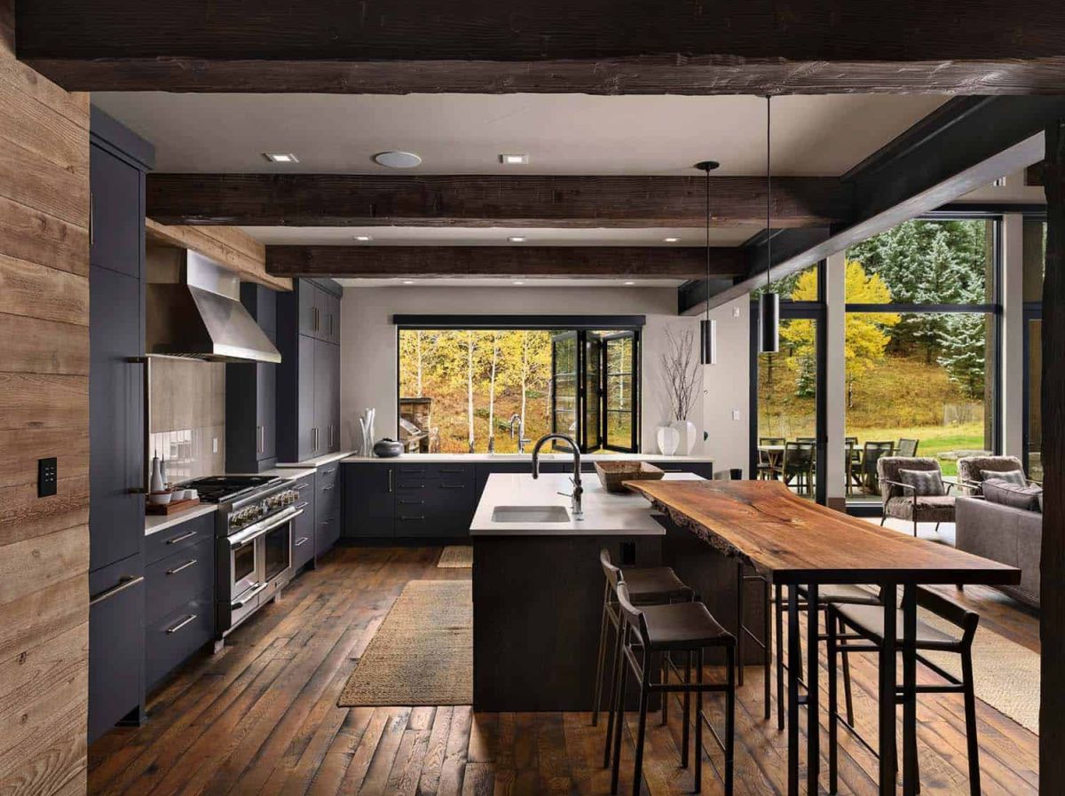 Rustic ranch in Colorado kitchen with live edge island