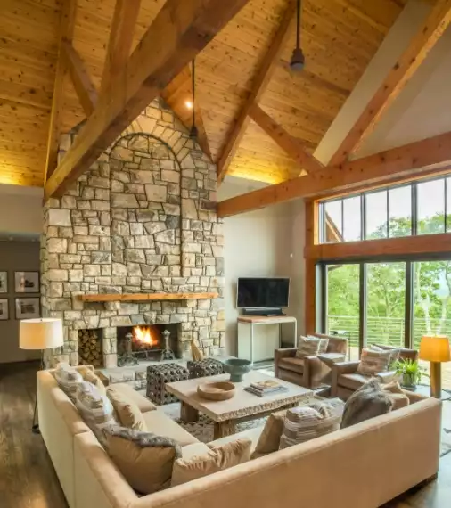 Rustic stacked stone fireplace