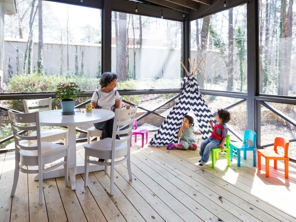 Screened in porch dining play room