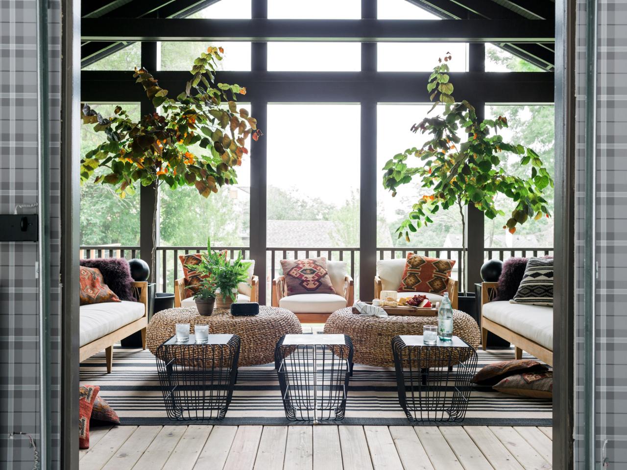 Screened in porch living room indoor trees