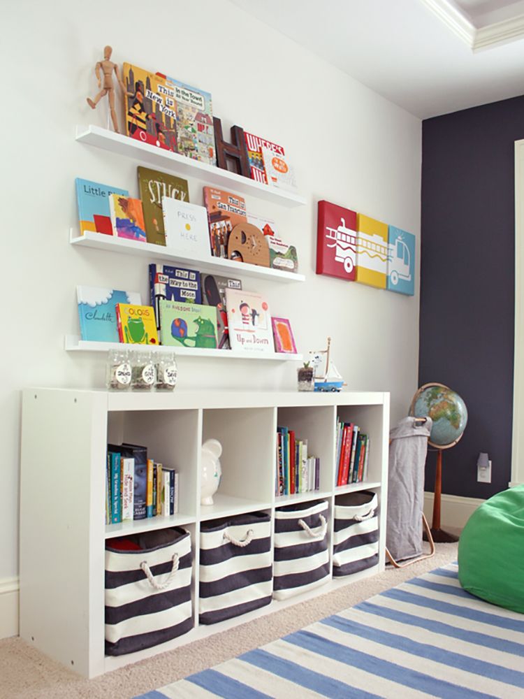 Shelves and bins for nursery organization