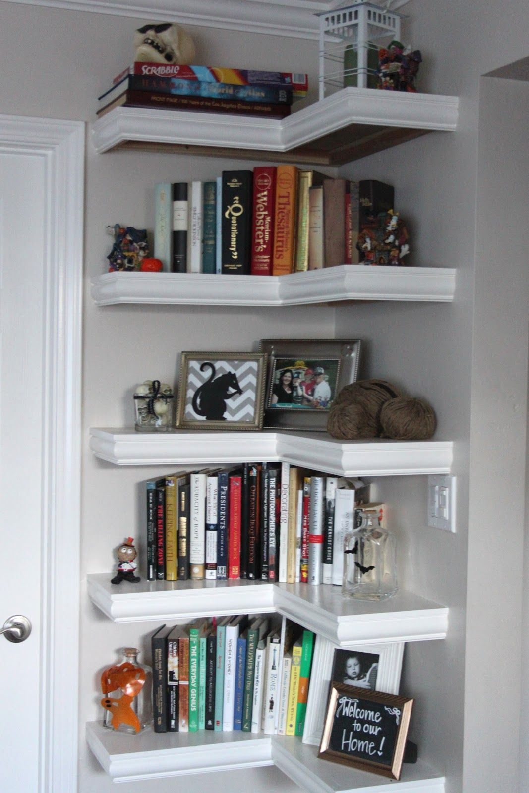 Shelves in corner for books storage