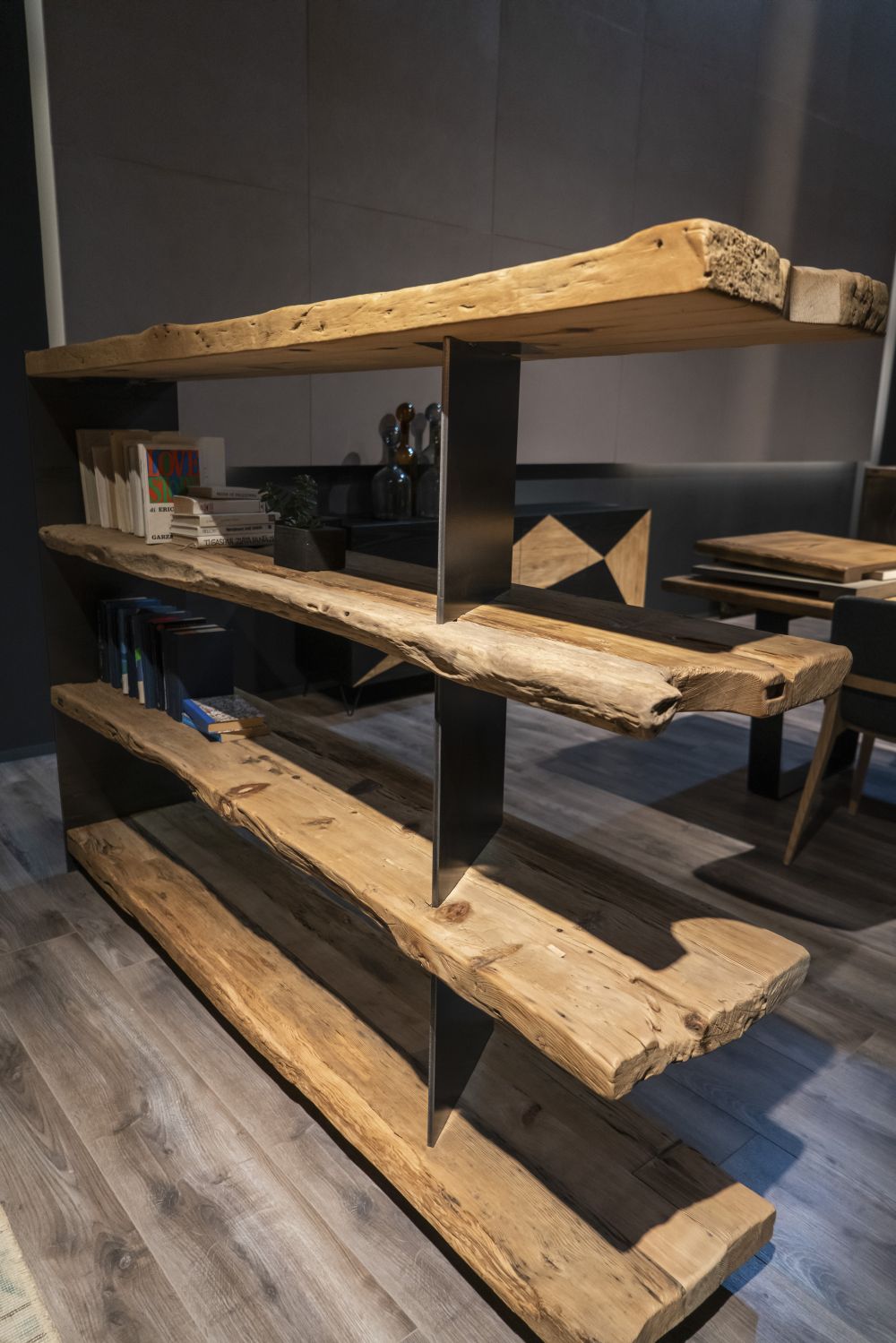 Old wooden planks make a shelving unit with character.