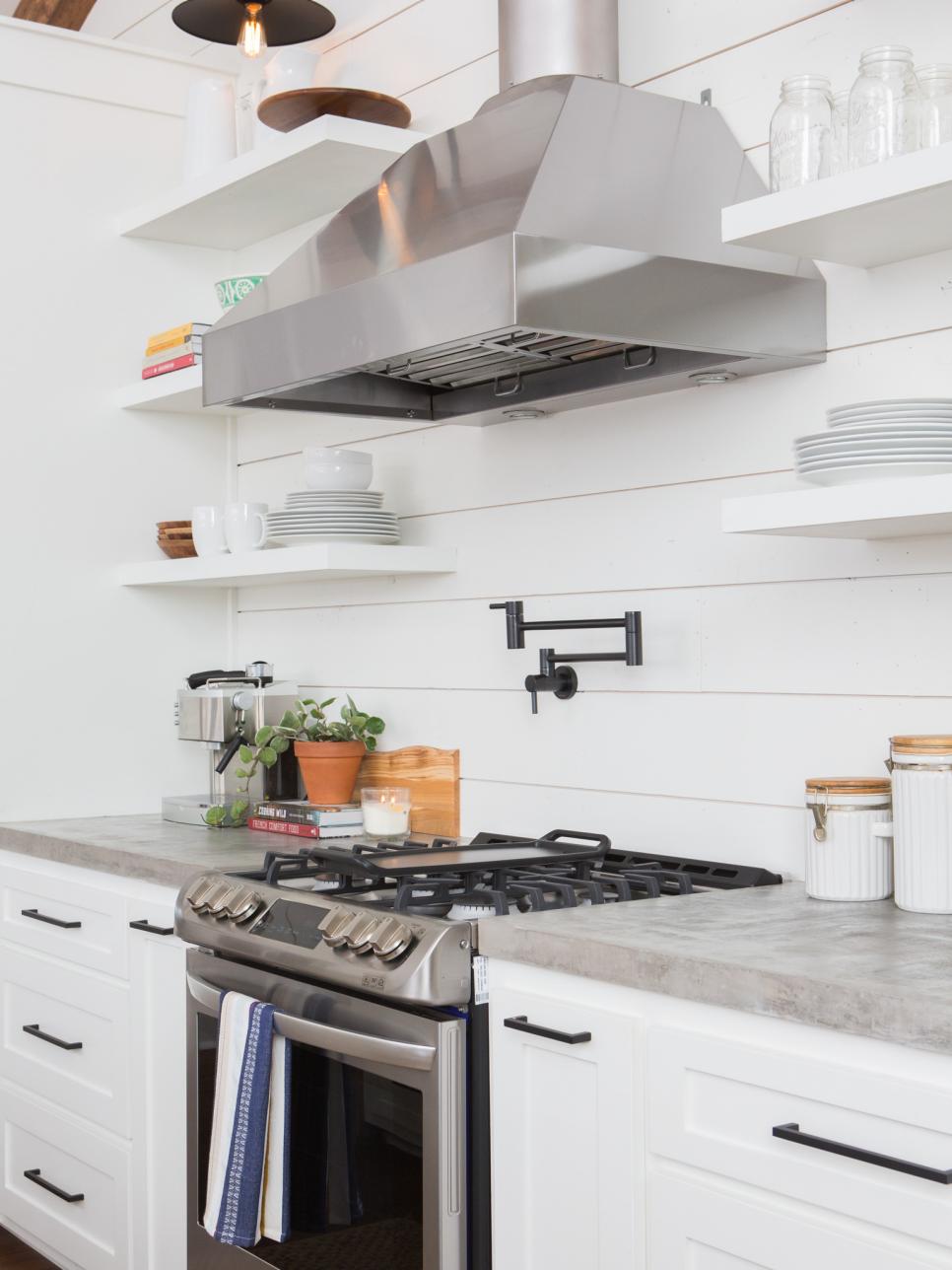 Shiplap kitchen open shelving stainless range