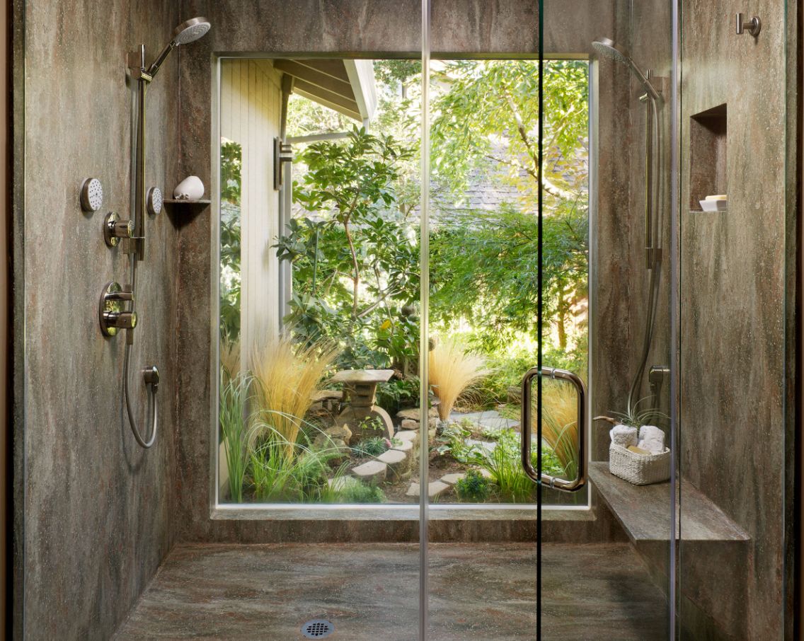 Shower with a large window to garden