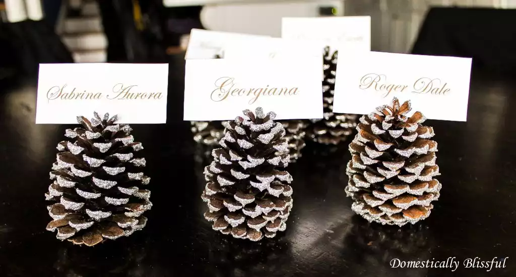 Silver sparkly pinecone place cards