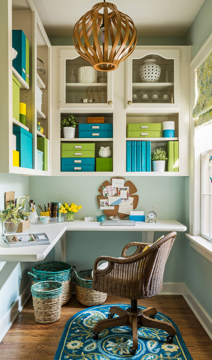 Small corner desk with lots of green accents