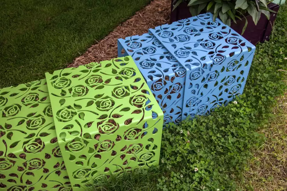 Small green and blue metallic stools