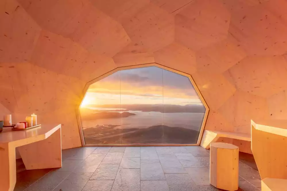 Small honeycomb like structure cabin Interior sunset view