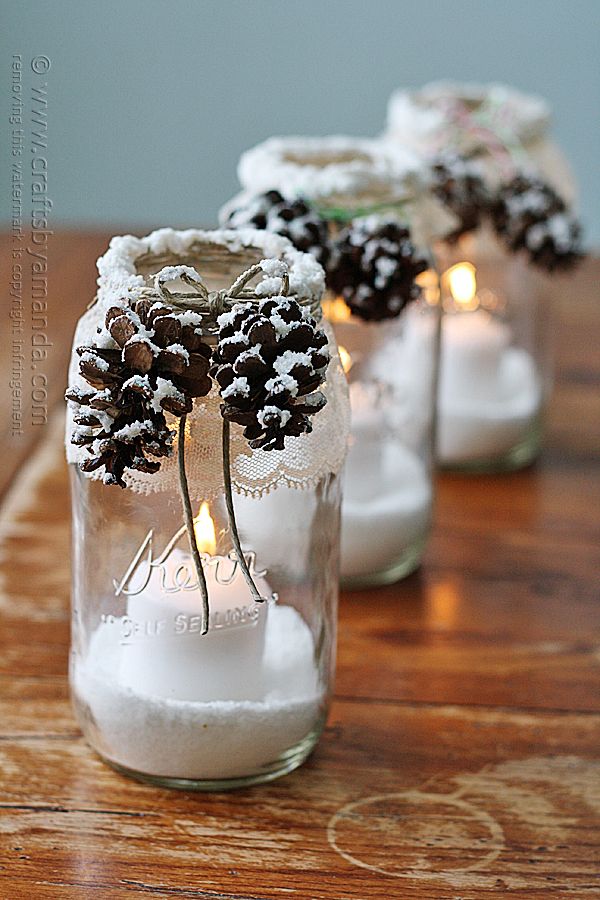 Snowy pinecone candle jars