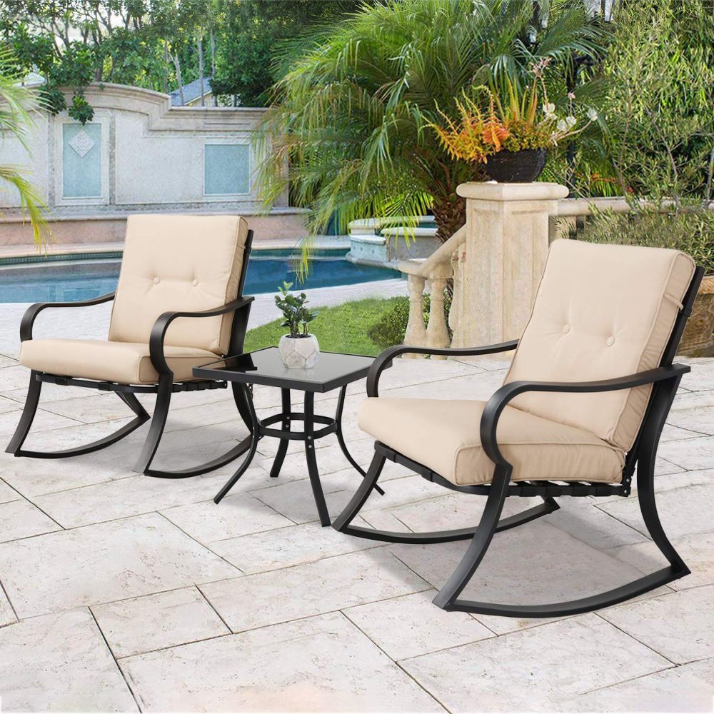 Solaura Outdoor Rocking Chairs Bistro Set 3-Piece Black Steel Furniture