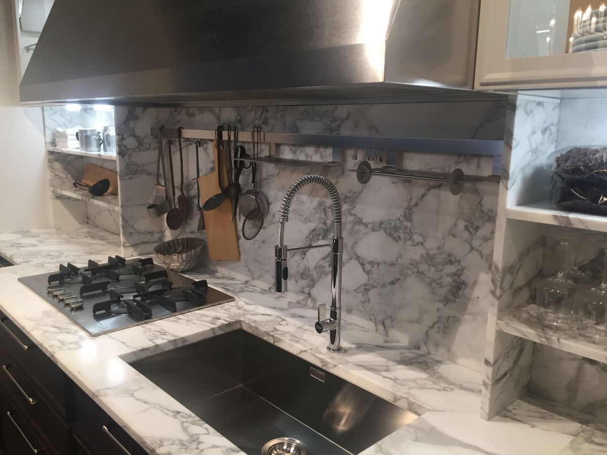 Solid marble shelves in kitchen