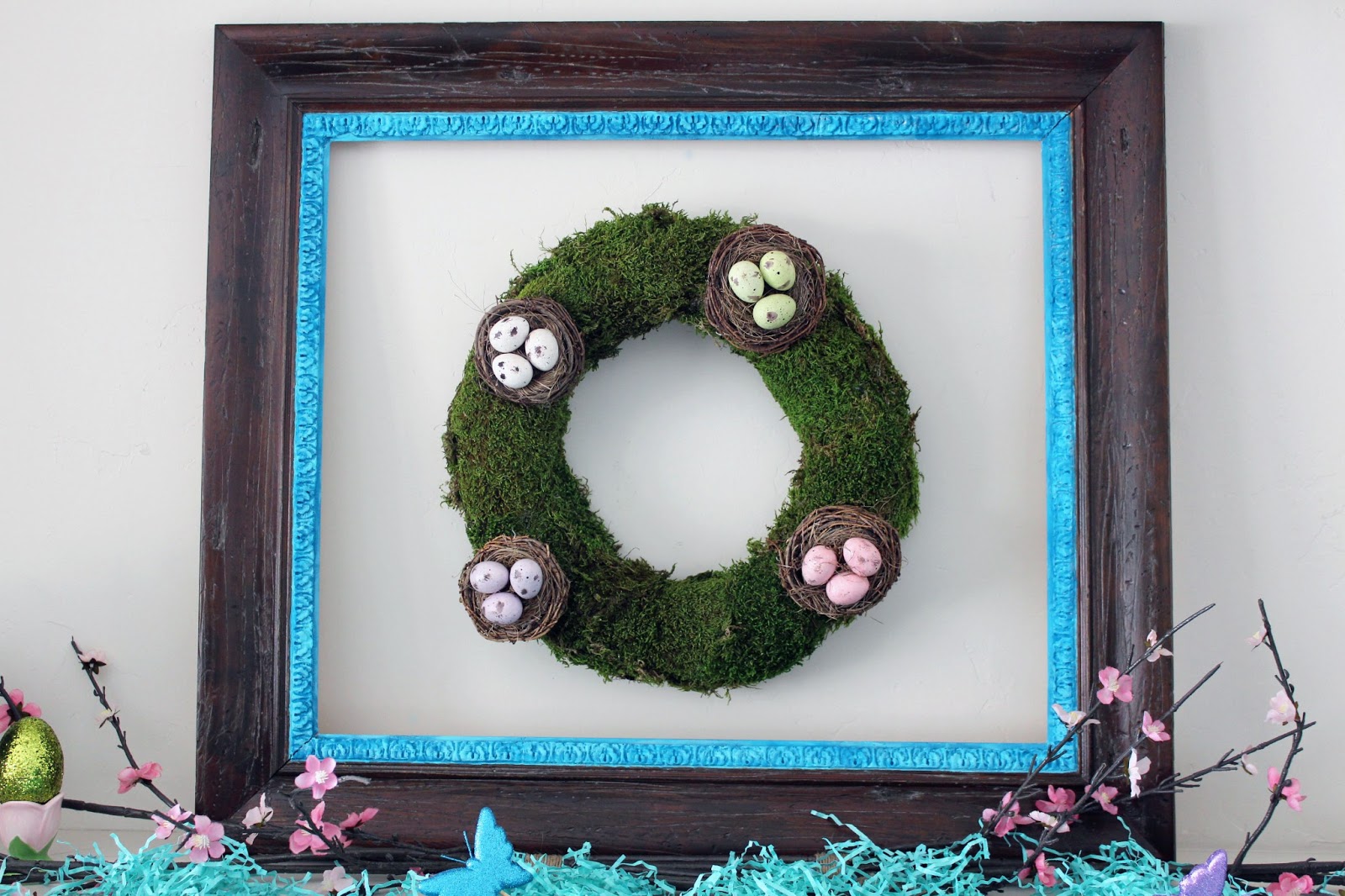 Spring mantel wreath from moss