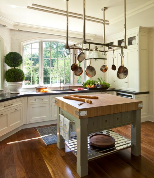 Square kitchen island with butcher like countertop