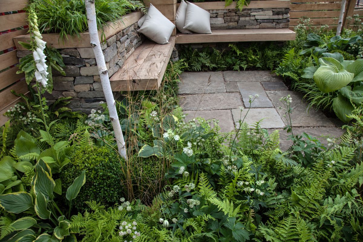 Plant some shade-loving plants under the bench to surround yourself with greenery