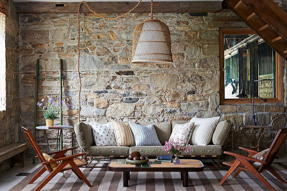 Stacked stone walls for living room
