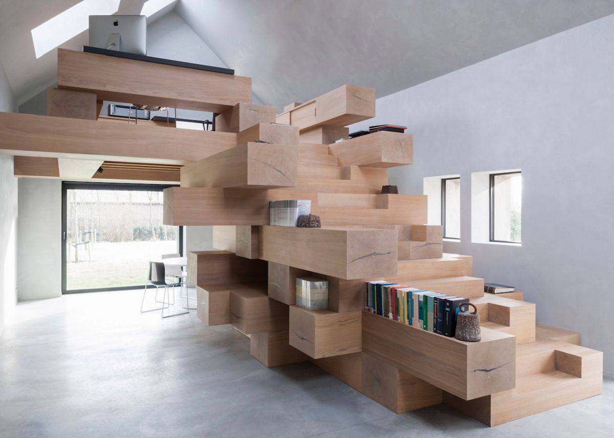 Stacked wood beams stairs