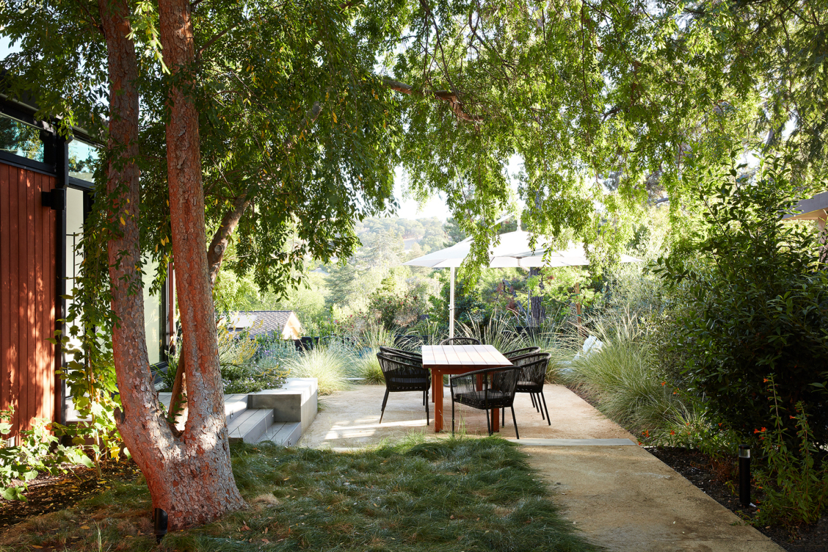 The backyard now features a tranquil al fresco dining area