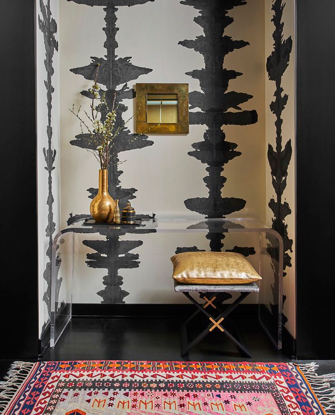 Studio design Foyer Decor with Wallpaper on the Walls