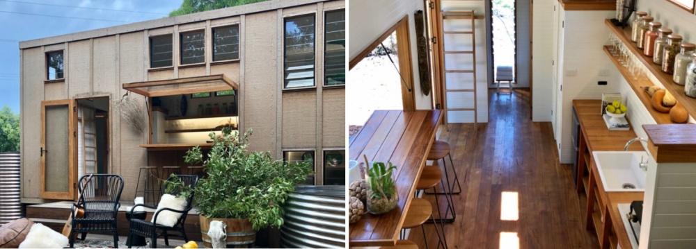 Tiny house kitchen with shelves for storage
