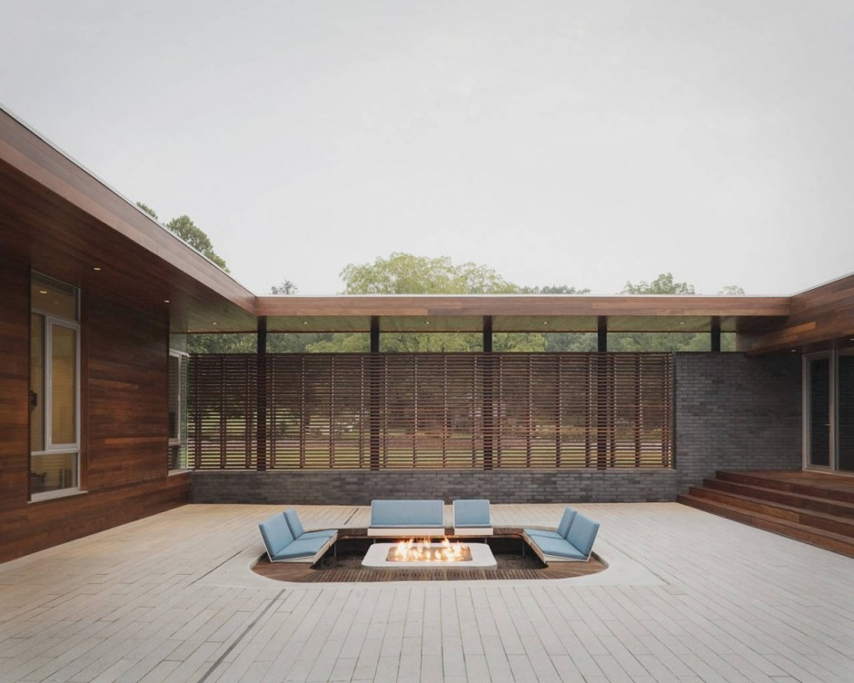 Sunken patio area with fireplace