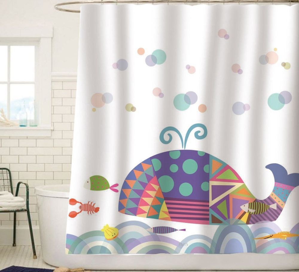Sunlit Colorful Geometric Whale Waves Bubble Shower Curtain