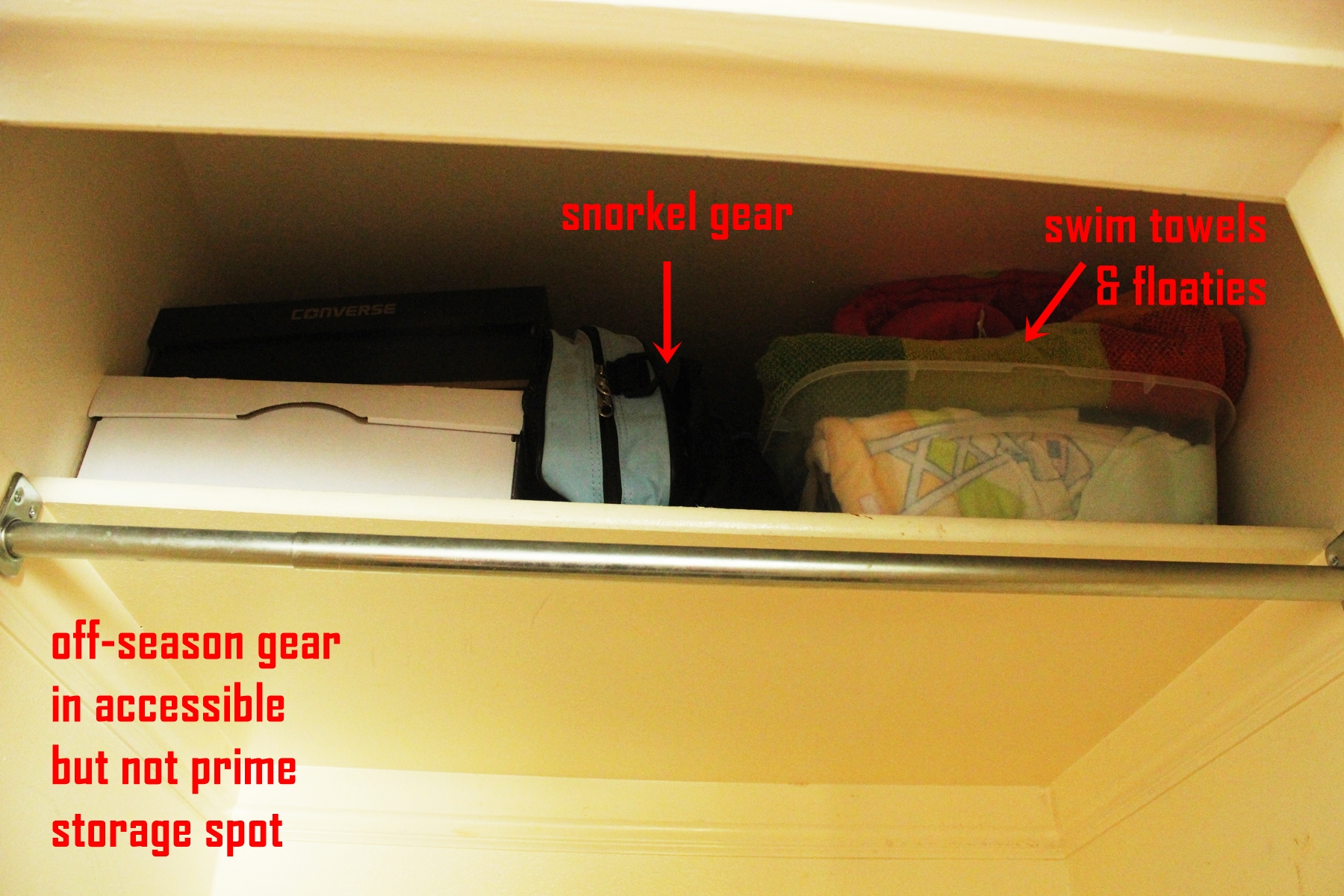 Swim and snorkel gear goes on the top shelf next to the shoeboxes.