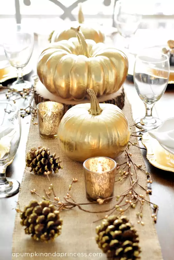 Tall Thanksgiving with Gold sprayed pumpkins and pinecones