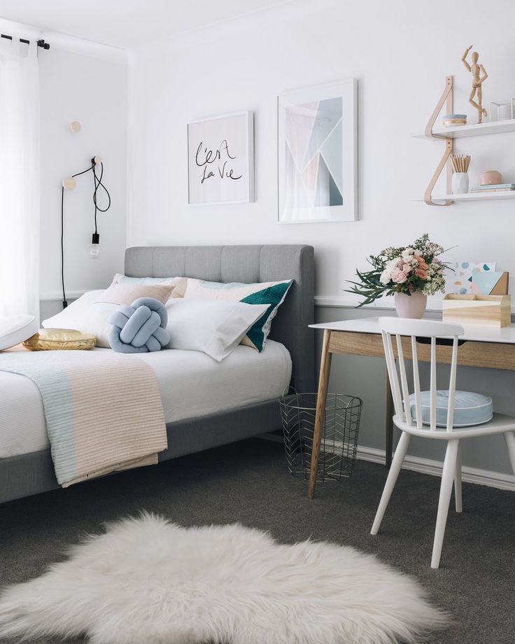 Teen bedroom room in soft pastel colors