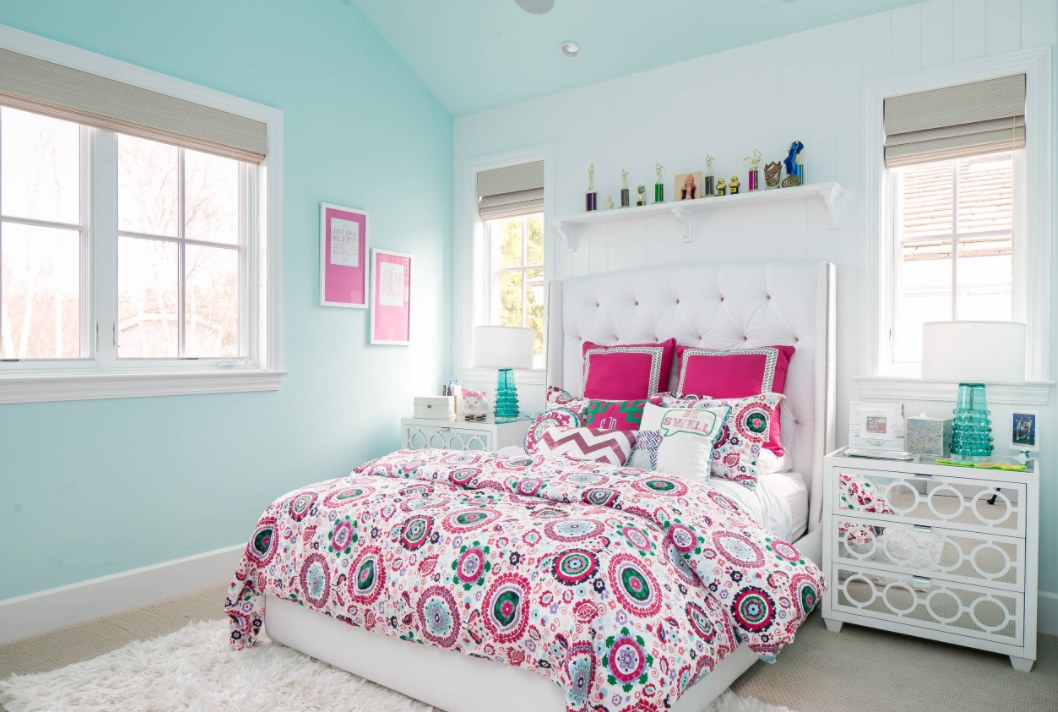 Teenage girl room with mirrored nighstand