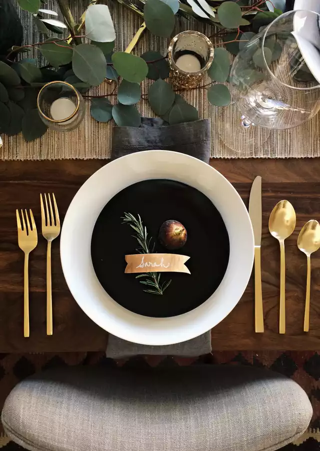 Thanksgiving - black and white plates with golden utensils