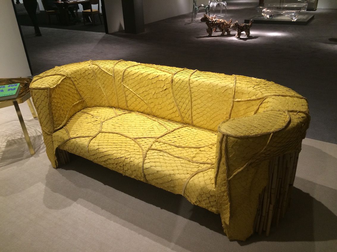 The skins of the Pirarucu -- also called an arapaima -- are applied to the seating by French artisans.