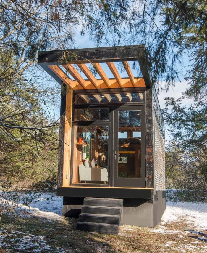 Tiny House With Corrugated Metal Siding front door