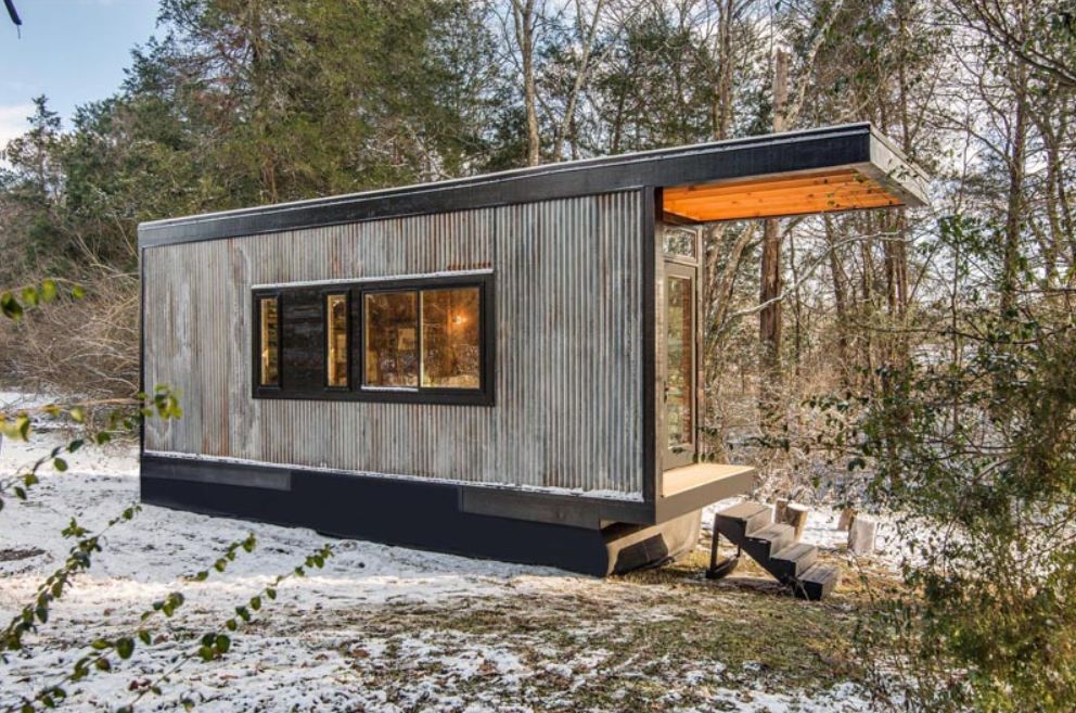 Tiny House With Corrugated Metal Siding side view