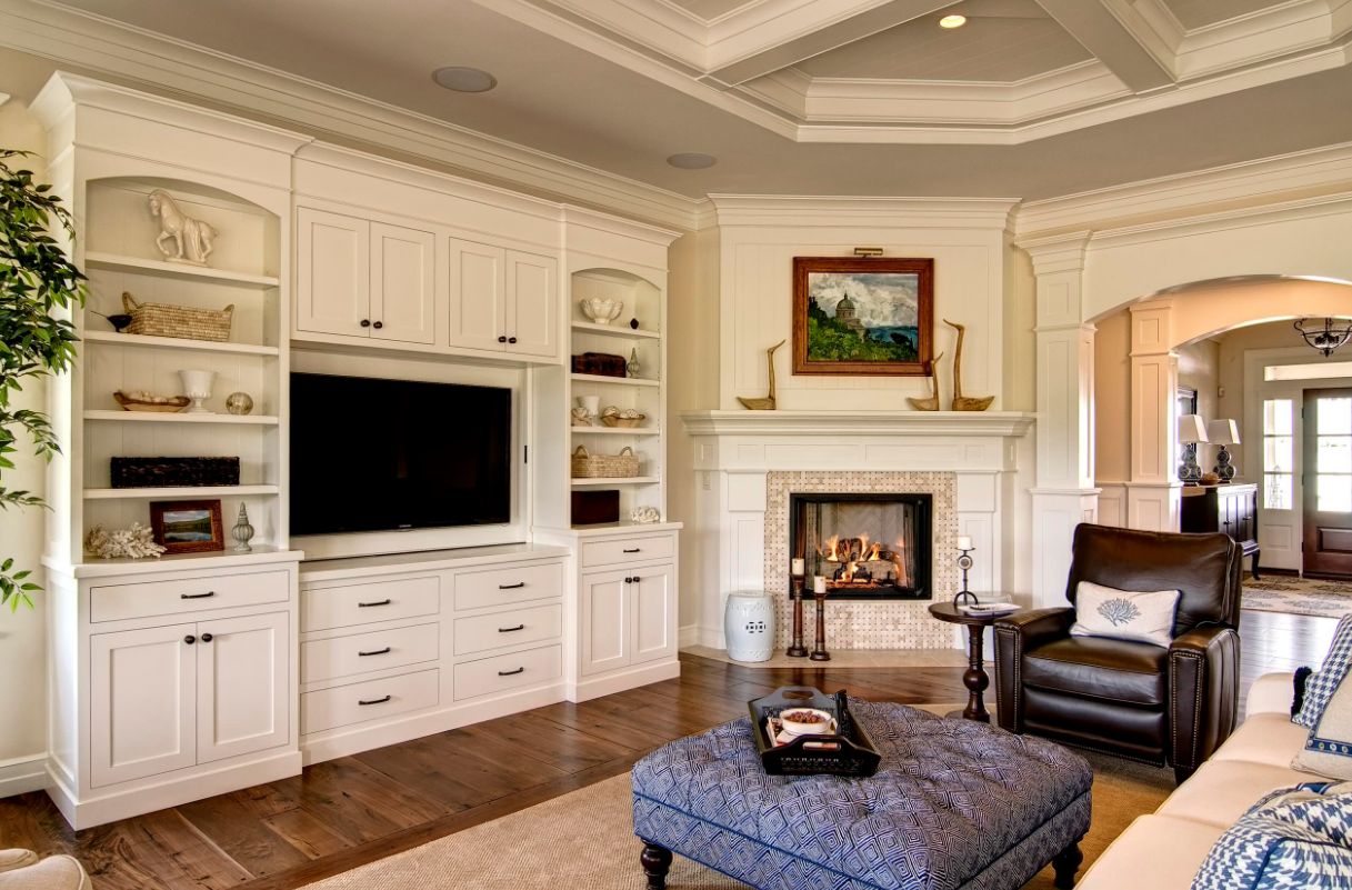 Traditional living room with corner fireplace