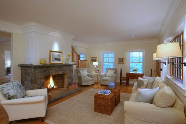 Traditional room with rustic fireplace