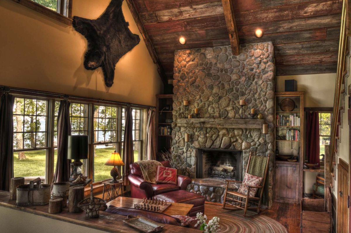 Traditional rustic cabin living room fireplace