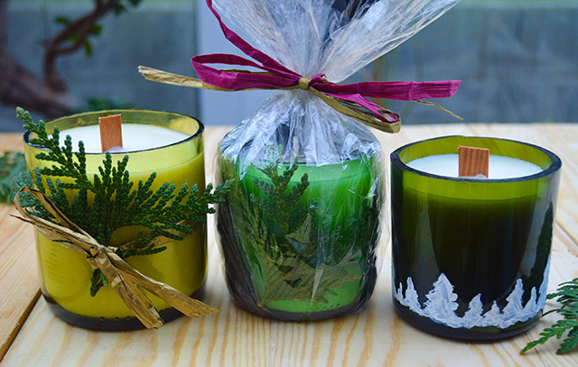 Transform wine bottle into Christmas Candles