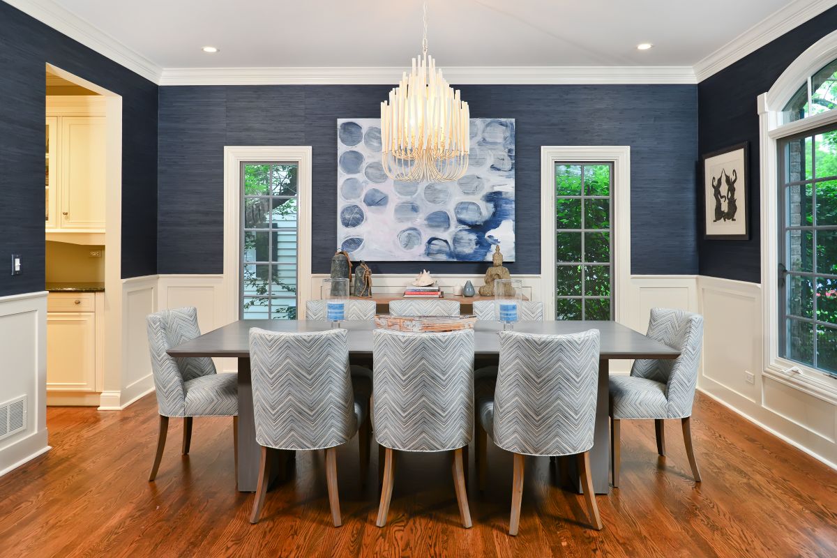 Transitional dining room textured navy wallpaper