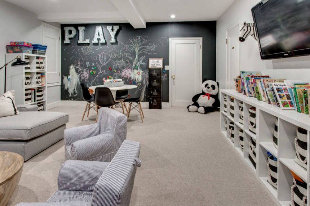 Transitional gender neutral carpeted and gray floor kids room