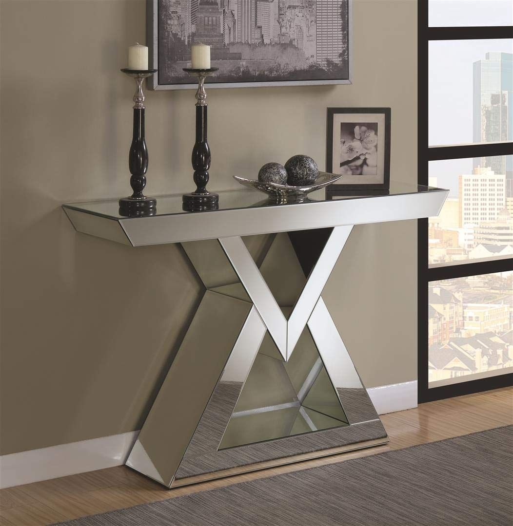 Triangle Base Silver Console Table with Mirrored Panels