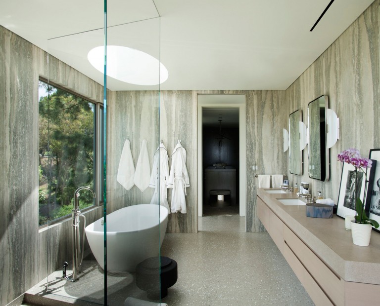 Trousdale Estates Contemporary Home Featuring Gray marble walls for bathroom