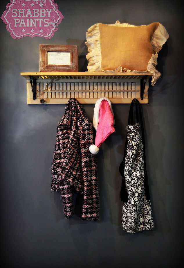 Turn an old window shutter into a coat rack with shelf