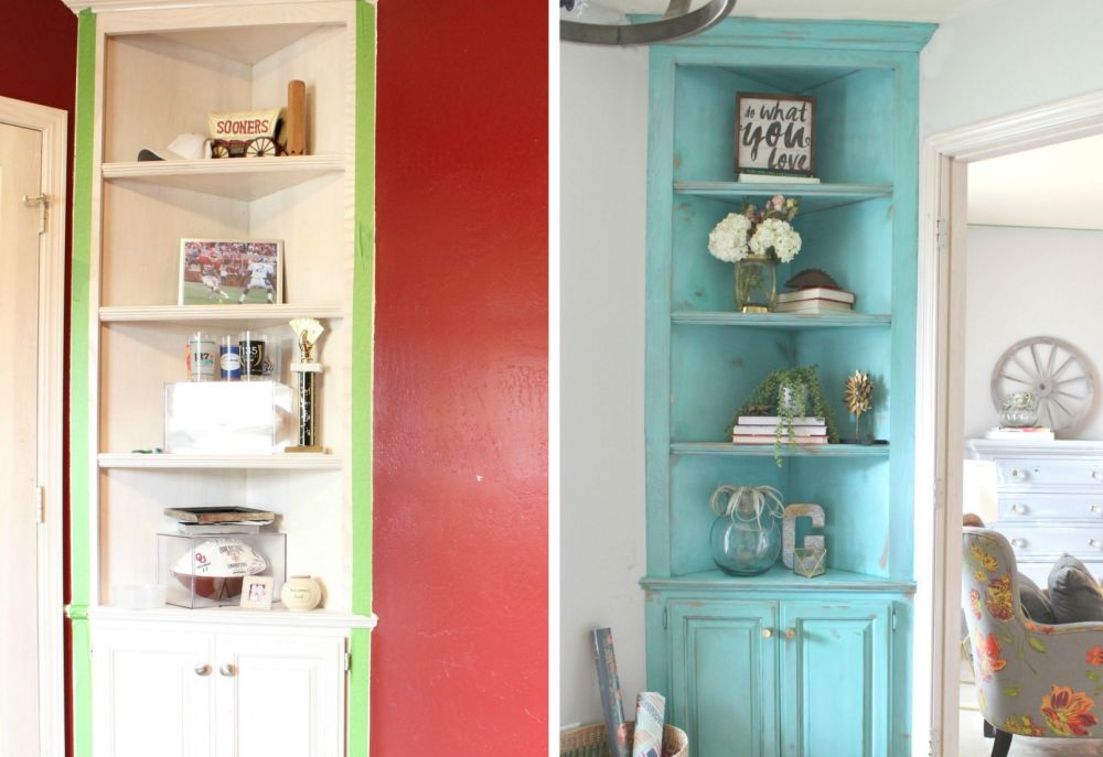 Turquoise white washed corner hutch
