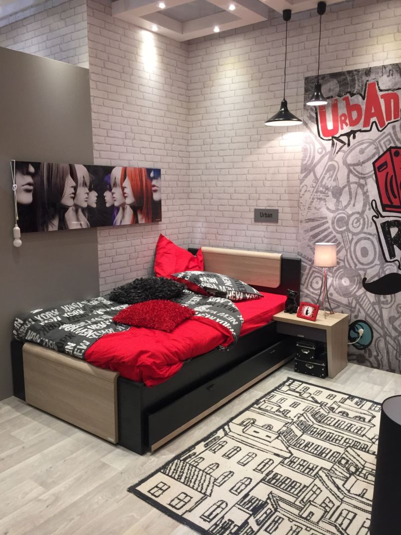 Urban teenage bedroom room in black and red