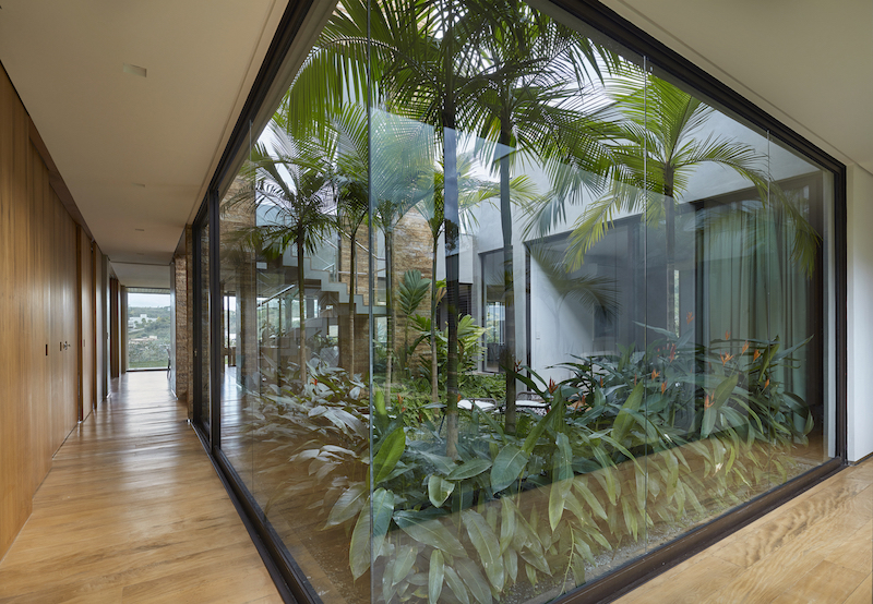 The garden is like an interior courtyard framed by glass walls and can be seen from several spaces