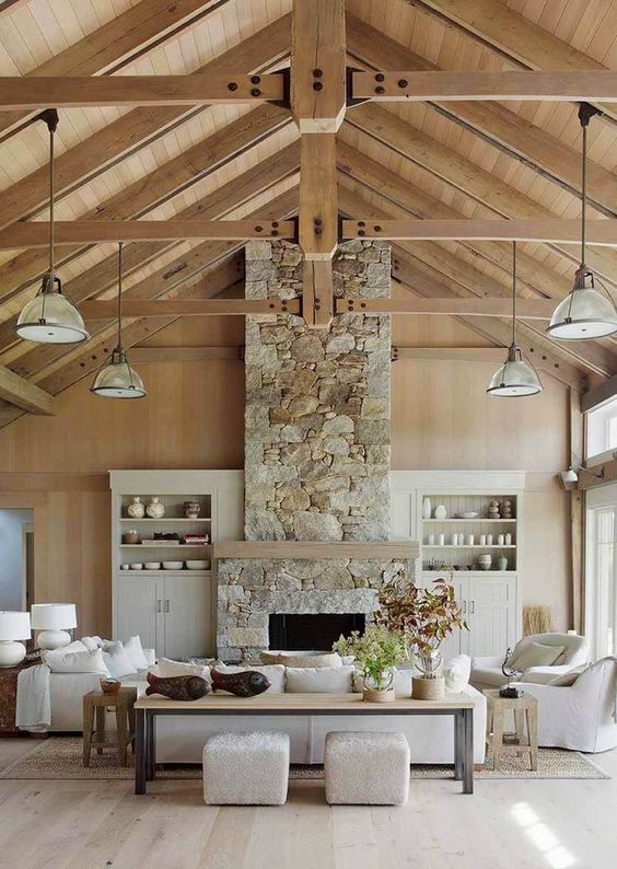 Vaulted ceiling living room with stacked fireplace