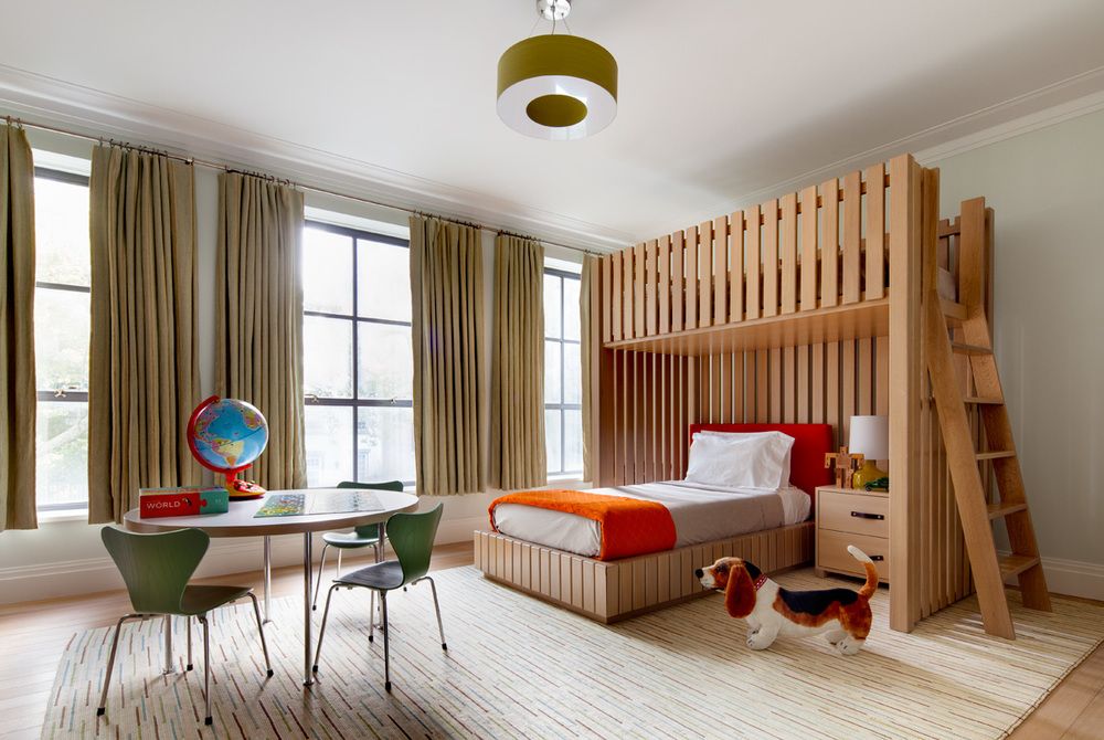 This child's bedroom includes elements with varying visual textures that come together in a very interesting and functional design.