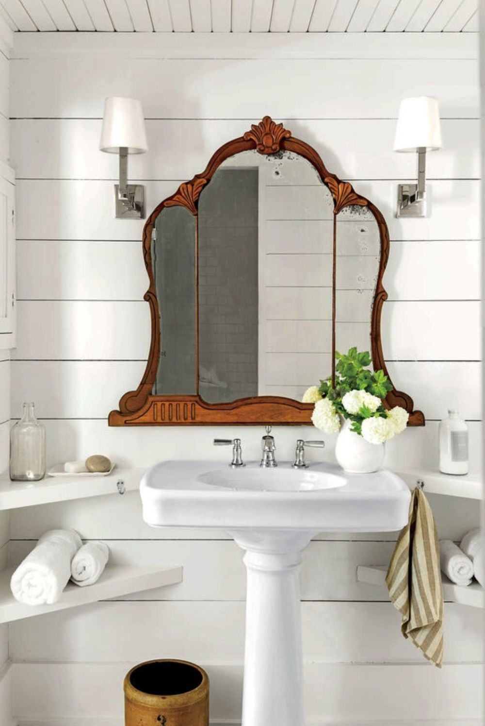 mirror shelf Luxury shiplap bathroom wood ceiling antique mirror