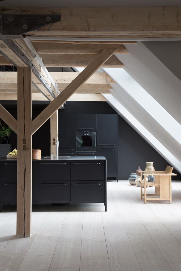 Vipp Loft Kitchen in black and exposed beams